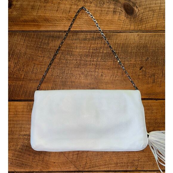 Michael Kors White Pebbled Leather Fold Over Clutch Shoulder Bag Tassel - Picture 14 of 14